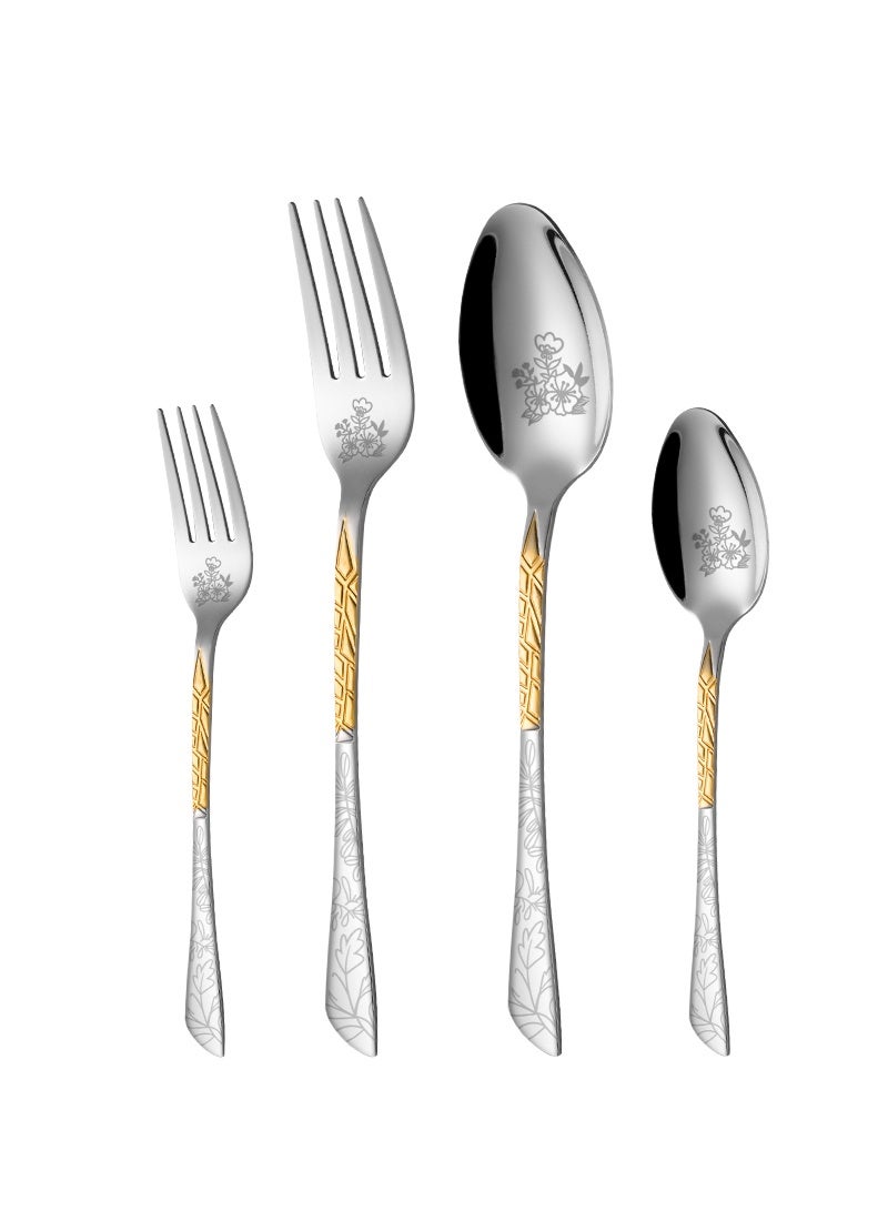 SUNHOME 24-Piece Stainless Steel Cutlery Set with Gold Handle, Elegant Floral Pattern Flatware Set , Mirror Polished Food Grade Tableware, Ideal for Home Kitchen, Party and Eid Gift - Image 4